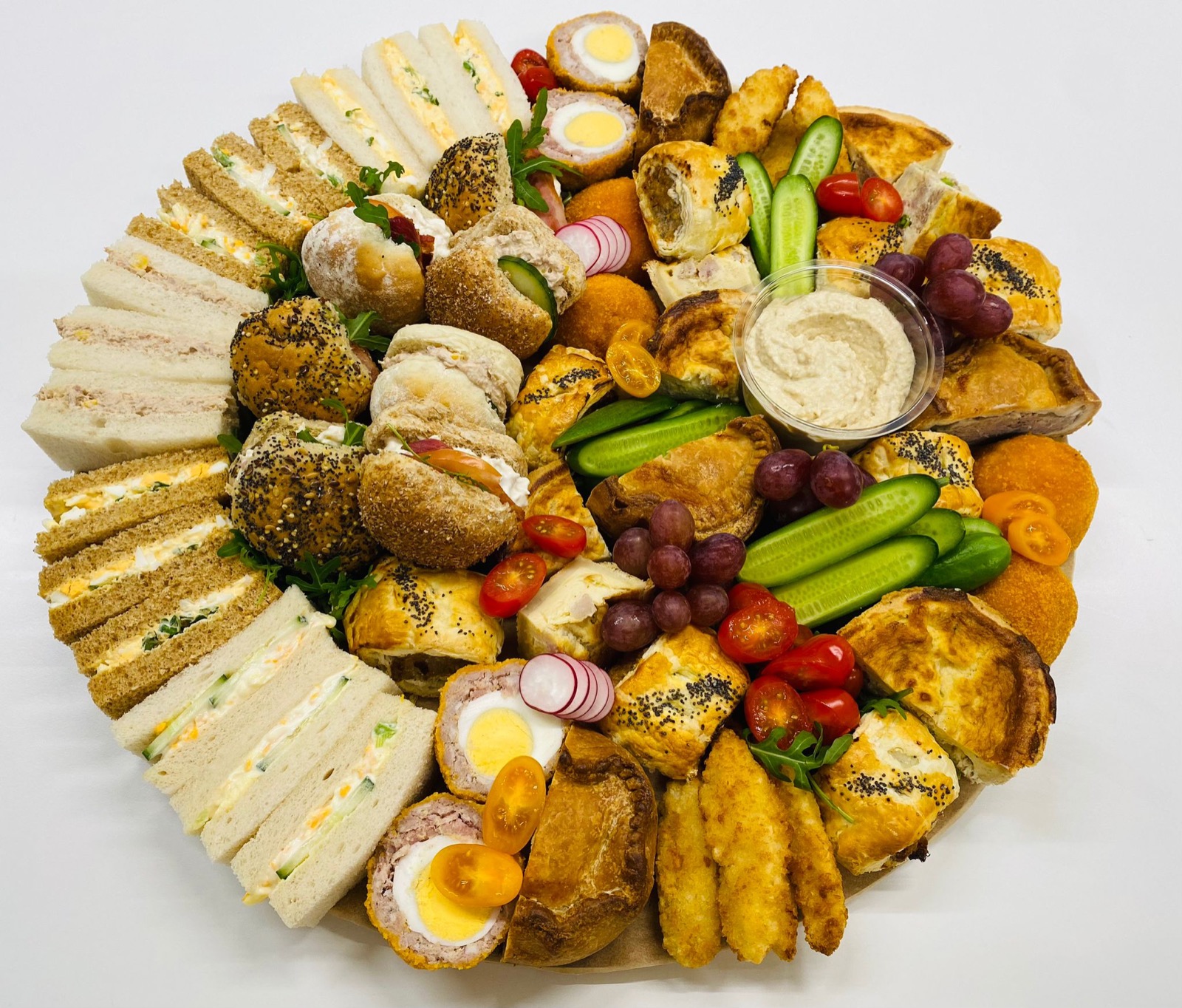 A generously arranged savoury catering platter